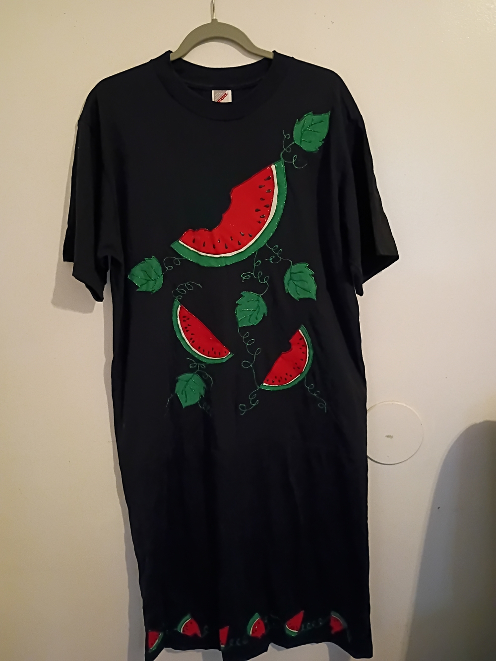 VTG Jerzees Black Midi T-shirt Dress with Red & Green Watermelon Design Sz L